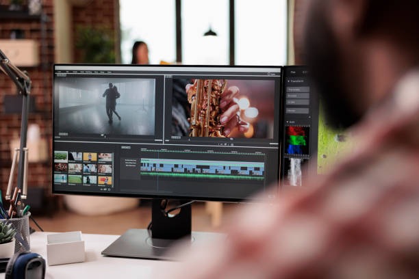 A professional desktop setup showing a person using a video editing software timeline to follow an Instagram video editing guide.