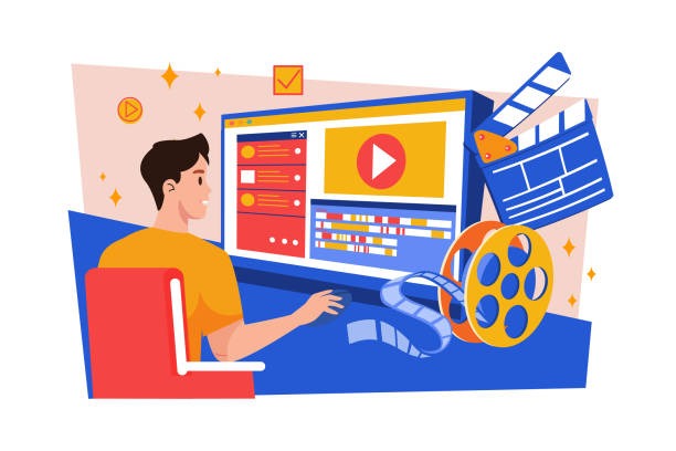 A colorful flat illustration of a young man sitting at a computer, editing a video. The screen displays a video editing interface with a timeline and preview window, surrounded by creative icons like a film reel, a clapperboard, and stars.