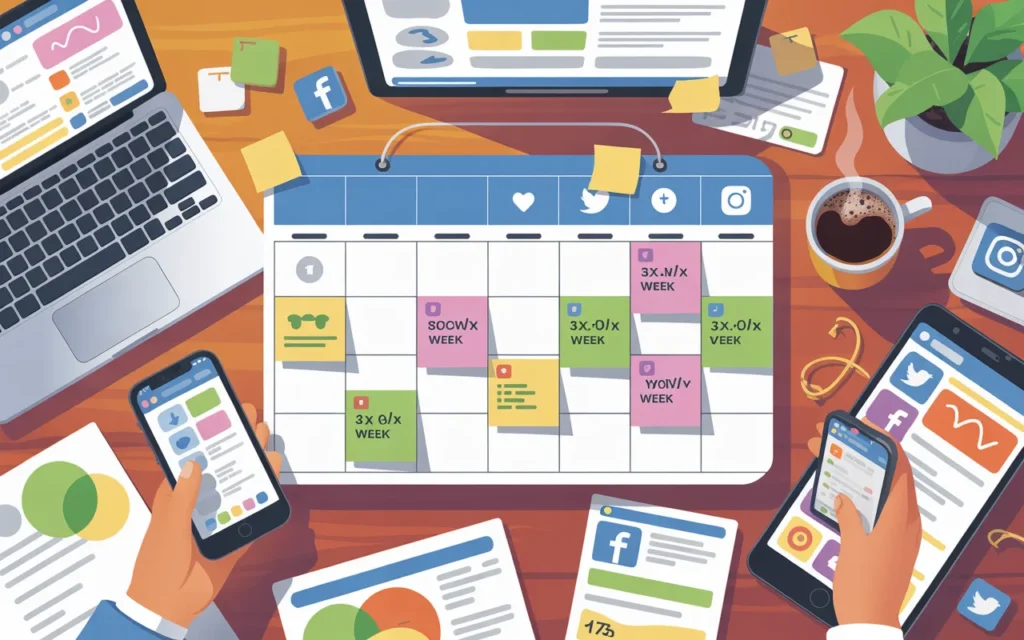 Small business owner planning social media posting schedule on a calendar with content ideas, analytics, and digital marketing strategy.